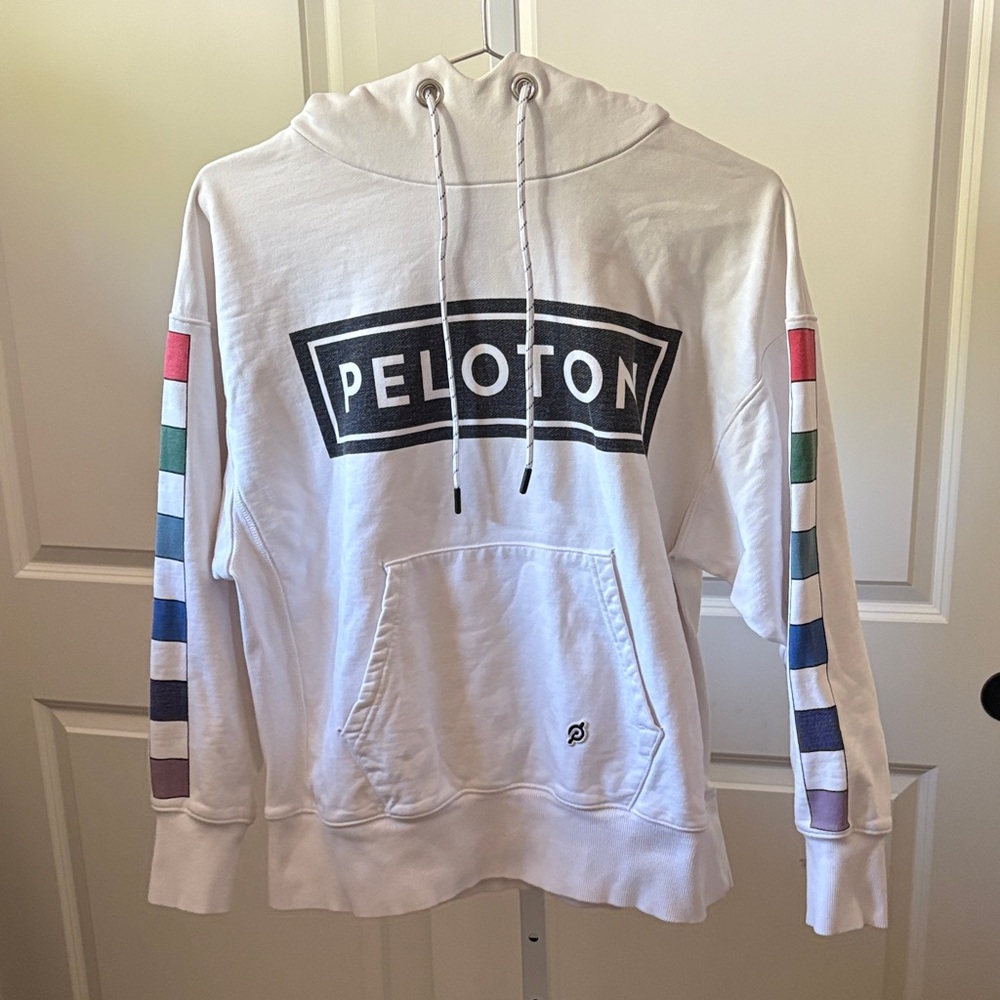 Peloton White Hoodie with Multicolor Sleeves Mens XS or Womens M/L